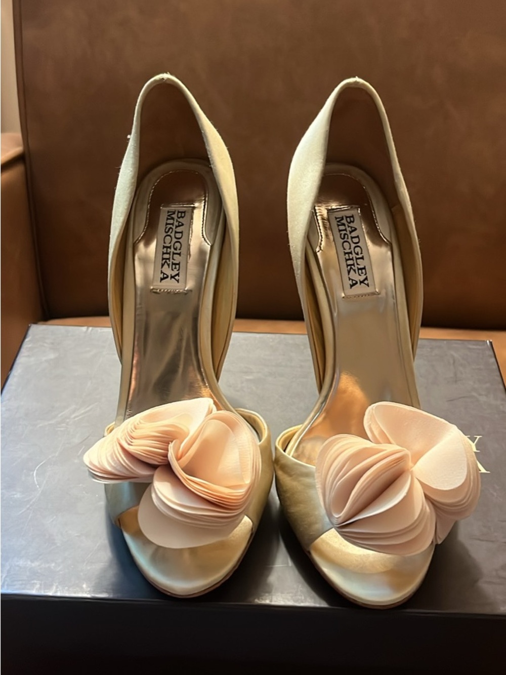 Badgley Mischka Gold Heels with Blush Pink Floral Appliqués